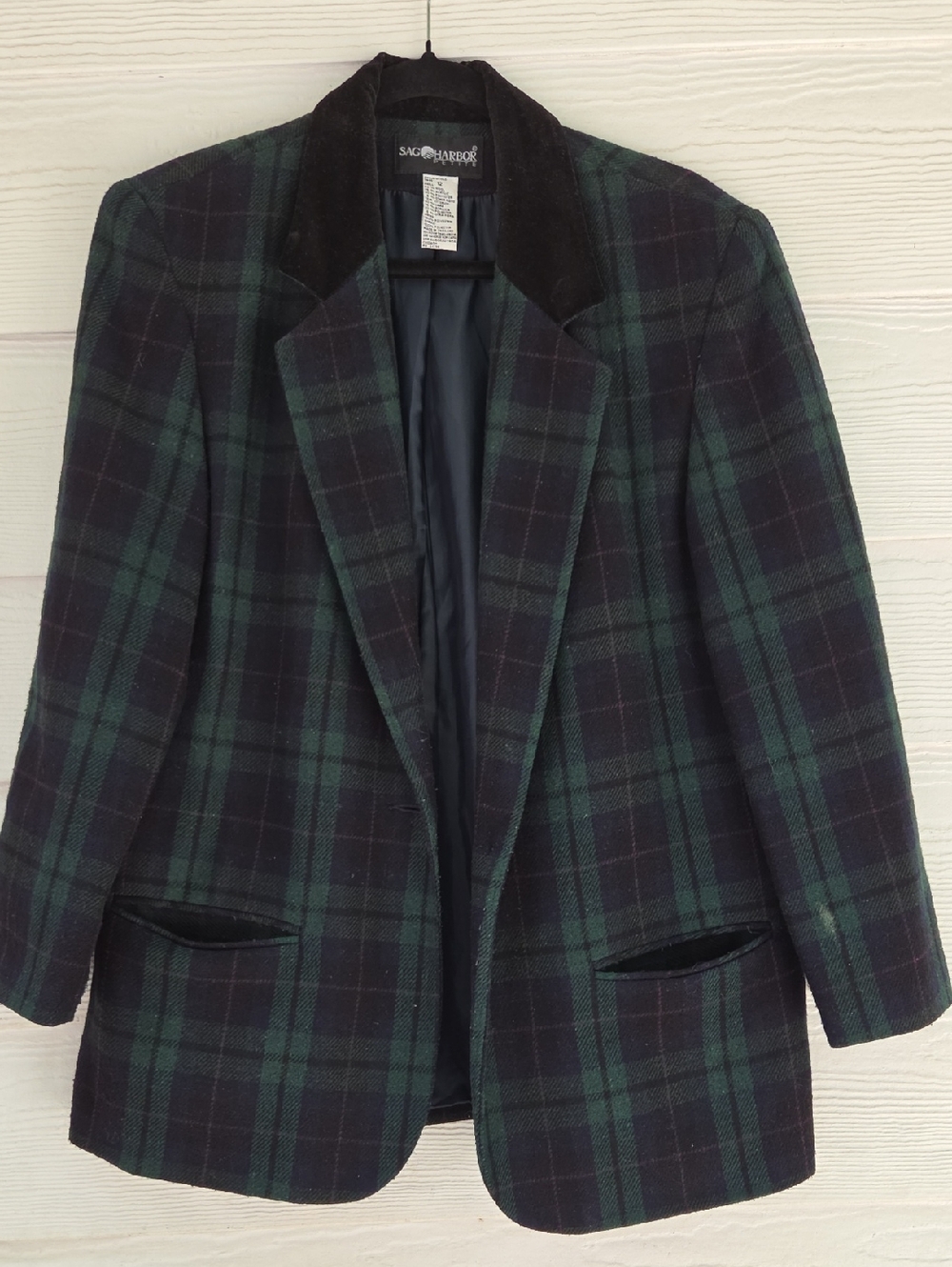 Vintage Sag Harbor Women's Dark Navy & Green Plaid Blazer